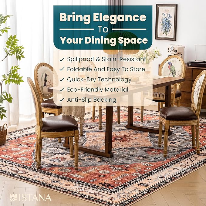 Istana Living Room Rug 10x14 - Red & Teal 10 x 14 Area Rug - Foldable Machine Washable Area Rugs 10x14 10x14 Area Rugs Boho - Stain Resistant Washable Rug 10x14