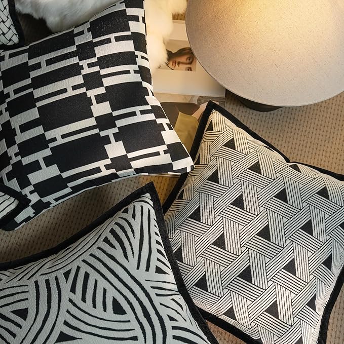 New 18x18'' inches Throw Pillow Cushion Covers - Triangle Black Color Chenille Jacquard Embroidery with Edge Strip Luxury Modern Style Couch Sofa Bed Pillow Cover for Living Room Bedroom