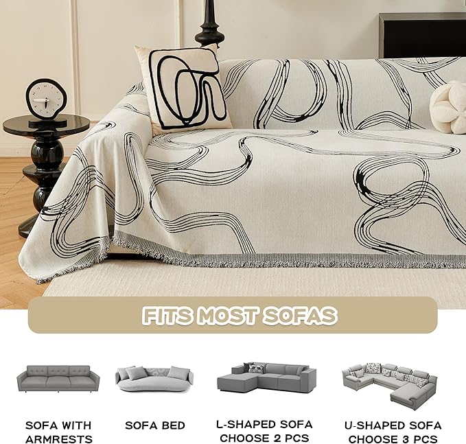 MEETSKY Boho Couch Cover Sofa Covers, Chenille Black Line Couch Covers for 2 Cushion Couch Sofa for Dogs, Washable Slipcover for Cat Sofa Protector with Tassels,71" x 118"
