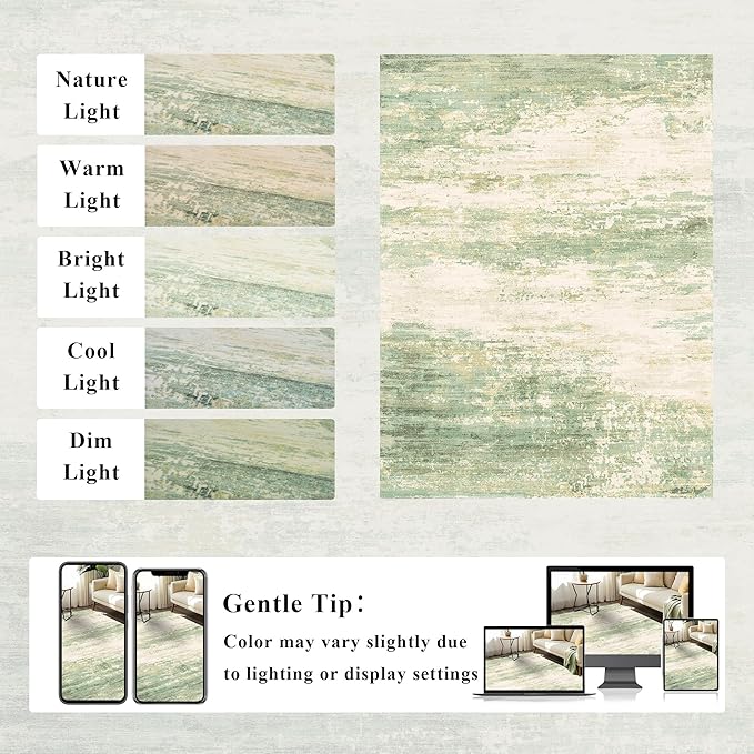 9x12 Modern Abstract Rug Washable Area Rugs for Living Room Bedroom Dining Room Non-Slip Low Pile Neutral Large Rug Soft Indoor Floor Carpet, Green