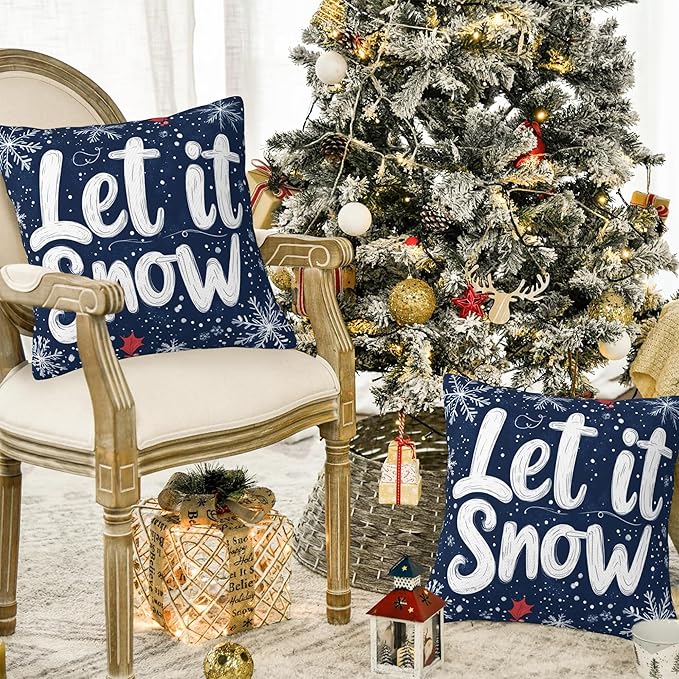 Christmas Pillow Covers 18X18, Let it Snow Decorative Throw Pillow Covers, Winter Christmas Snowflakes Pillow Cover Pillowcase Cushion Case for Home Sofa Couch Indoor Outdoor Set of 2