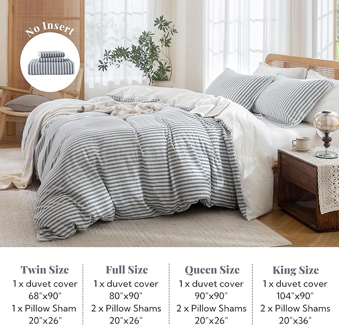 MILDLY Striped Duvet Cover Set - 100% Washed Cotton Charcoal Grey Boho Jacquard Textured Comforter Cover 3pcs with Zipper Closure 90"x90"