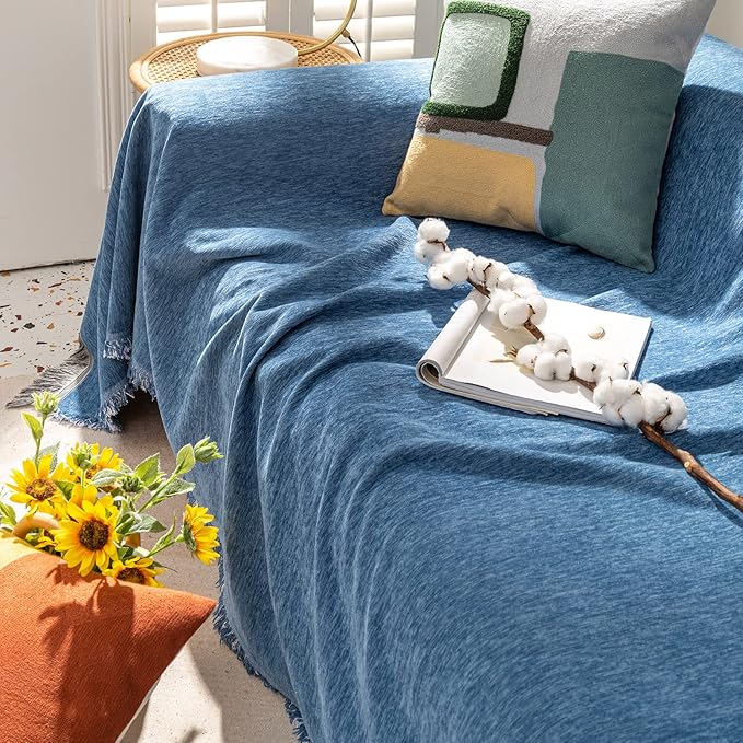 VClife Couch Covers for Dog Chenille Couch Cover Throw with Tassel, Pet Friendly Sofa Covers Furniture Protector, Soft Couch Cover for Small Loveseat Washable Blue Couch Cushion Cover, 71"X102"