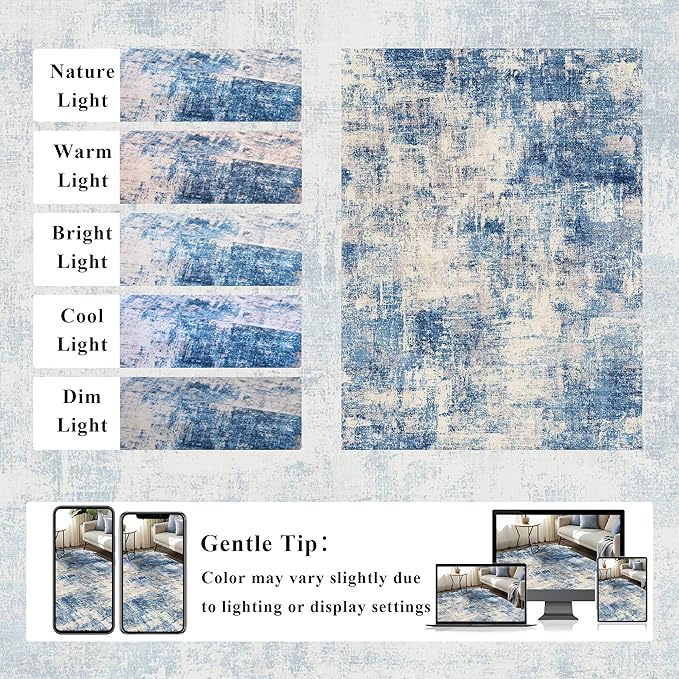 6x9 Modern Abstract Rug Washable Area Rugs for Living Room Bedroom Dining Room Non-Slip Low Pile Neutral Large Rug Soft Indoor Floor Carpet, Blue