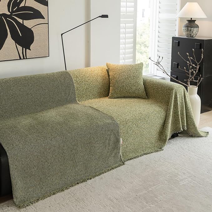DREAMINGO Thickened Chenille Couch Cover 71x150 Inch Washable 3-Seater Sofa Covers Living Room Sectional Couch Slipcovers Modern Furniture Protector with Tassel, Green