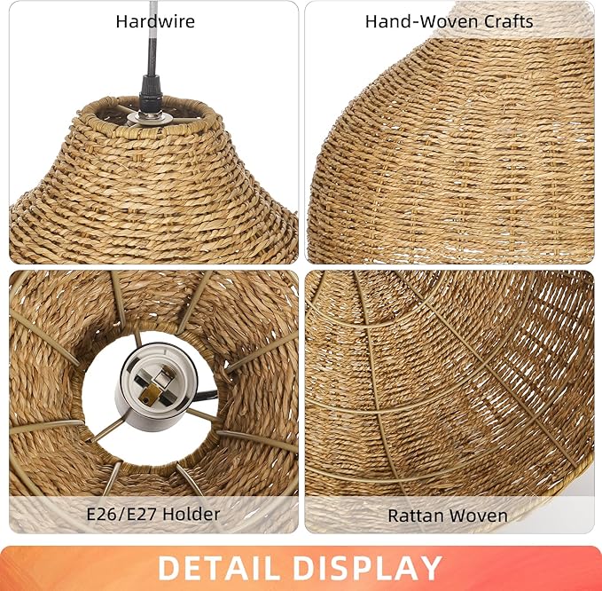 Arturesthome 1 Light Rattan Pendant Light,15.7" Wicker Chandelier Woven Rustic Pendant Lighing Rattan Chandelier for Dining Room Kitchen Island Entryway