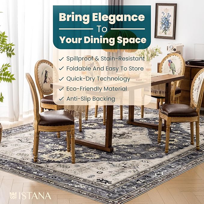 Istana Living Room Rug 10x14 - Dark Grey Blue & Rose Mauve 10 x 14 Area Rug - Foldable Machine Washable Area Rugs 10x14 10x14 Area Rugs Boho - Stain Resistant Washable Rug 10x14