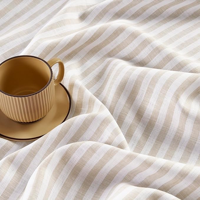 Solino Home Linen Striped Tablecloth 52 x 52 Inch - 100% Pure Linen Natural and White Square Table Throw - Amalfi Stripe, Machine Washable Tablecloth for Fall, Autumn, Thanksgiving, Christmas, Winter