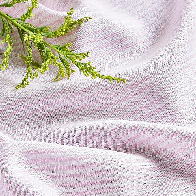 Solino Home Linen Striped Tablecloth 52 x 52 Inch - 100% Pure Linen Pink and White Square Table Throw - Narrow Stripe, Machine Washable Tablecloth