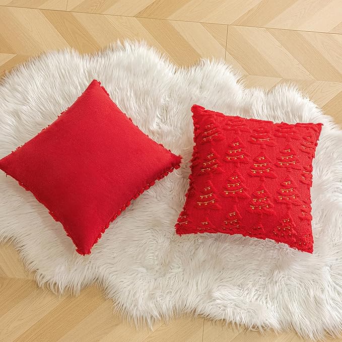 AQOTHES Christmas Tree Decorative Green Red Throw Pillow Covers 18x18 Set of 2, Faux Fur Farmhouse Throw Pillows Cushion Cases for Xmas Winter Holiday Home Decor
