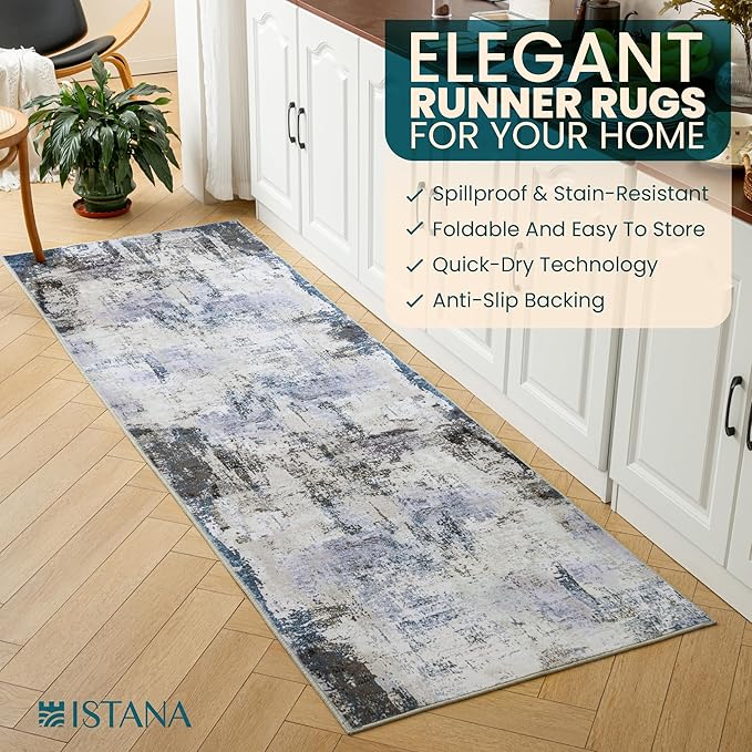 Istana Hallway Runner Rug 2.5x8 - Grey Navy Kitchen Rugs Non Slip Washable -Silk's Soft Touch Carpet Runner - Stylish Rugs for Home