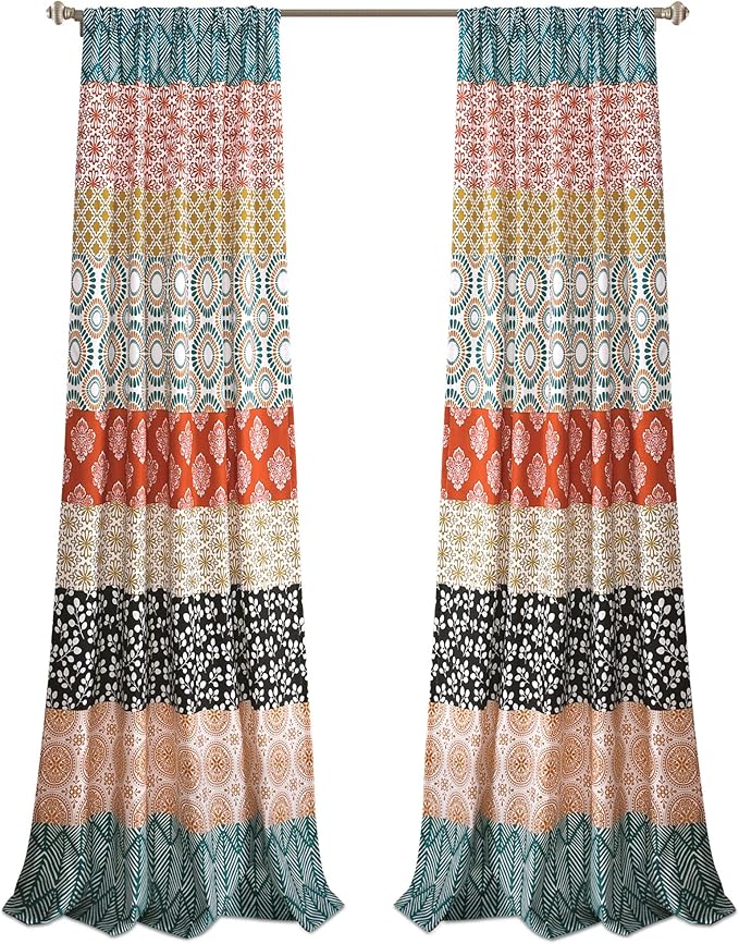 Lush Decor Bohemian Stripe Window Curtain Panels, Pair 52" W x 84" L Turquoise & Orange - Light Filtering Curtains for Bedroom - Boho Curtains - Maximalist Decor