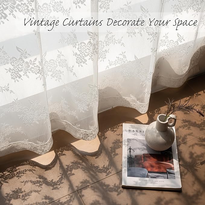 MEETSKY Lace Sheer Curtains 96 Inches Long Vintage Victorian Floral French Country Light Filtering Back Tab Rod Pocket Panels for Living Room Dining Room, 50x96 inch, 2 Panels