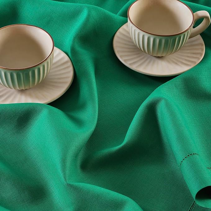 Solino Home Linen Emerald Green Tablecloth 52 x 52 Inch - 100% Pure Linen Square Table Throw - Classic Hemstitch, Machine Washable Table Cloth for Christmas