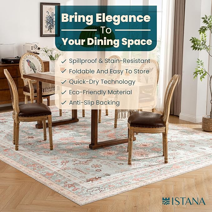 Istana 9x12 Area Rug - Light Green/Pink 9 x 12 Area Rugs for Living Room - Foldable 9x12 Rugs for Bedroom - Stain Resistant Washable Rug - Eco-Friendly Area Rugs Living Room