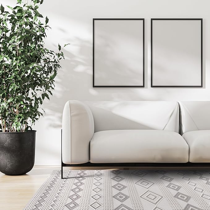 CAMILSON Micro Loop Rug 8x10 Modern Luxury Geometric Moroccan Diamond Area Rugs Soft High - Low Pile Stain Resistant Easy-Cleaning Non-Shedding for Living Room Office Indoor Carpet (8 x 10 White-Gray)