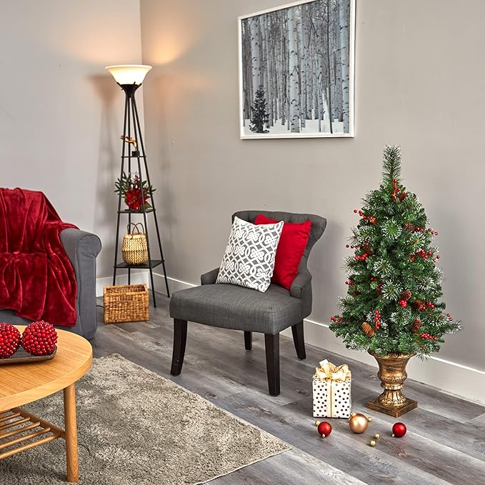 Nearly Natural 4ft. Pine, Pinecone and Berries Artificial Christmas Tree with 100 Clear LED Lights in Decorative Urn