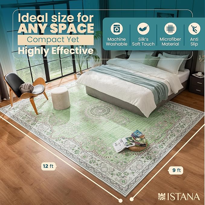 Istana 9x12 Area Rug - Green 9 x 12 Area Rugs for Living Room - Foldable 9x12 Rugs for Bedroom/Living Room Rug - Stain Resistant Washable Rugs - Eco-Friendly Area Rugs