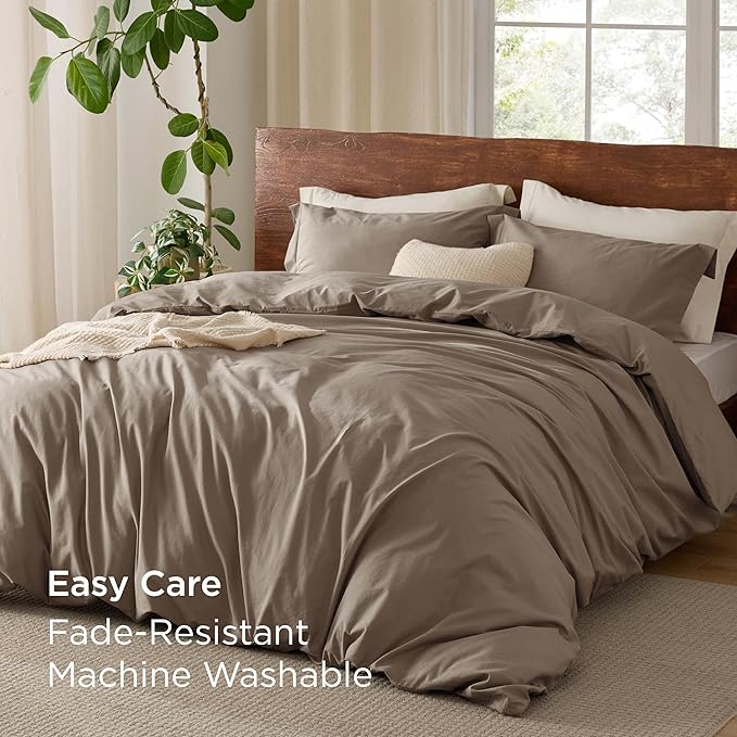 Bedsure 100% Washed Cotton Duvet Cover Oversized Queen - Light Brown Minimalist Cotton Duvet Cover for All Seasons - GentleSoft™ Plain Simple Bedding, 3 Pieces (Light Brown, Oversized Queen, 98"x98")
