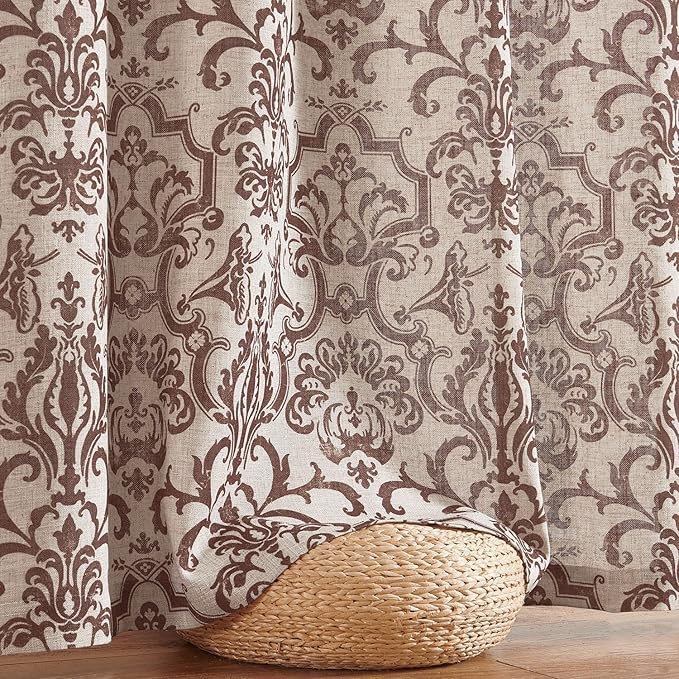 jinchan Linen Curtains for Living Room - Brown Damask Patterned 108 Inches Long for Bedroom, Light Filtering Vintage Baroque Style Drapes, Grommet Window Treatments 2 Panels Set
