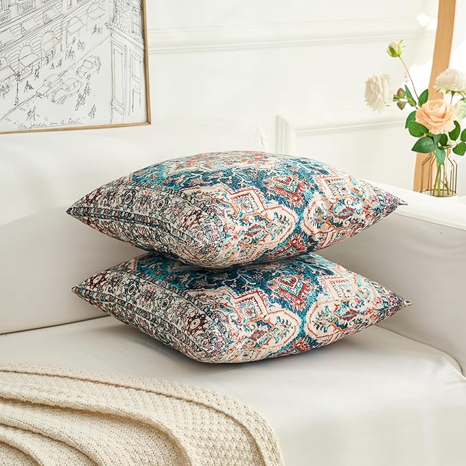 Boho Throw Pillow Covers 18x18 inch Set of 2,Boho Vintage Carpet Pattern Antique Ethnic Decor Double Sided Pattern Cushion Cover Soft Pillow Case Living Sofa Room Bed Square Pillow Cover
