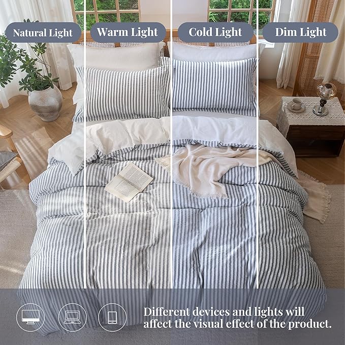 MILDLY Striped Duvet Cover Set - 100% Washed Cotton Charcoal Grey Boho Jacquard Textured Comforter Cover 3pcs with Zipper Closure 80"x90"