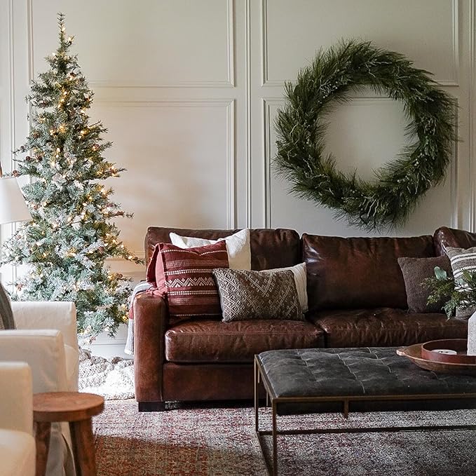 Fraser Hill Farm 9-Ft. Buffalo Fir Slim Artificial Christmas Tree with White Incandescent Smart Lights, Prelit Foldable Fake Tree with Realistic Snowy Foliage and Pinecones for Home Decoration