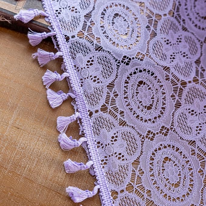 Lavender Sheer Curtains 63 Inch Length for Bedroom Girls 2 Panels Boho Crochet Curtains with Tassel Rod Pocket Floral Light Purple Lace Curtain Panels for Kitchen Closet Fairycore W59 x L63 Lilac
