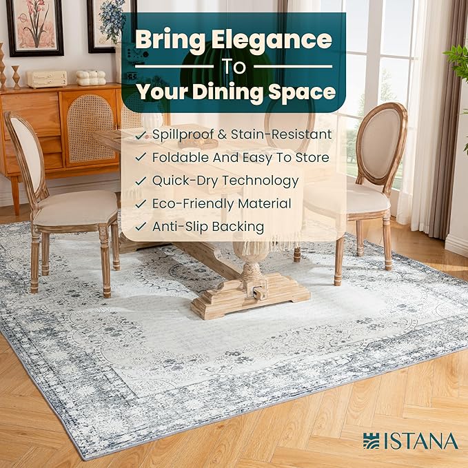 Istana 8x10 Area Rug - Grey/Gold 8x10 Rugs for Living Room - Foldable Rugs for Bedroom - Stain Resistant Washable Rug - Eco-Friendly Area Rugs - Easy to Clean Living Room Rug