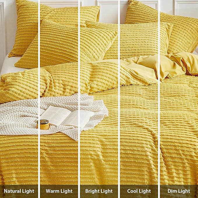 WARMDERN Boho Duvet Cover Set Queen Size,Yellow Striped Duvet Cover Microfiber Bedding Set,3PCS Ultra Soft Breathable Lightweight Tuft Texture Pattern Duvet Covers with Zipper Closure(Yellow,Queen)