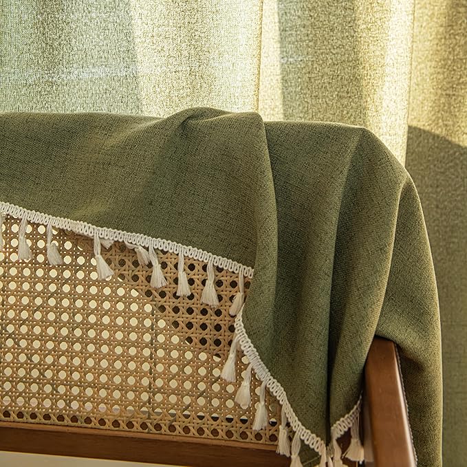 Sutuo Home Boho Curtains for Living Room 96 Inches Long, Bohemian Linen Textured Curtains with Tassels, Semi Blackout Farmhouse Drapes, Rod Pocket Window Treatments 2 Panels, 52" x 96", Olive Green