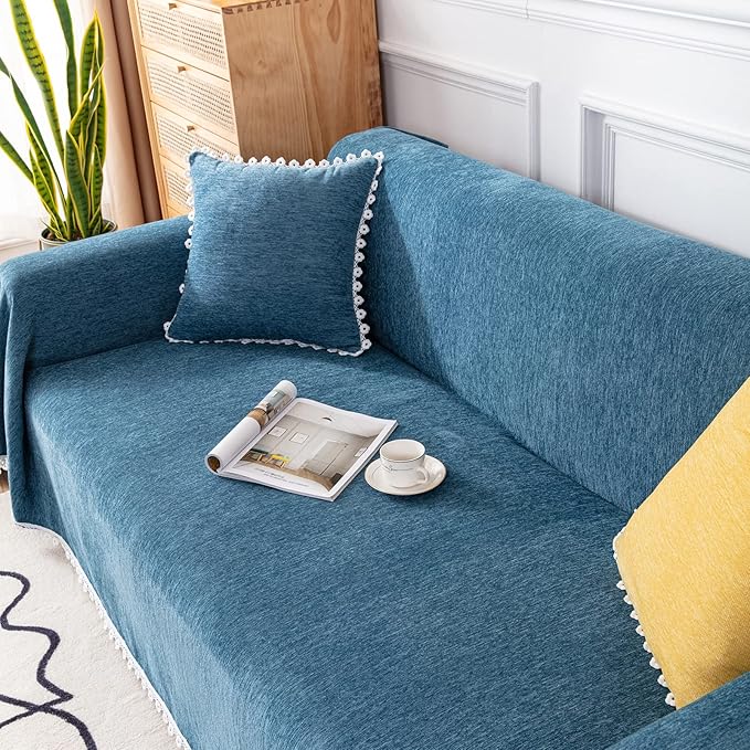 VClife Couch Cover Farmhouse Chic Dark Blue Couch Covers for 2 Cushion Couch Sofa - Washable Chenille Sofa Cover for Living Room Office RV Bedroom (71"X118") Gift for Christmas Thanksgiving Birthday