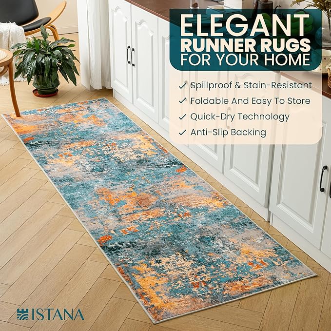 Istana Hallway Runner Rug 2.5x8 - Multi/Blue Kitchen Rugs Non Slip Washable -Silk's Soft Touch Carpet Runner - Stylish Runner Rugs for Home