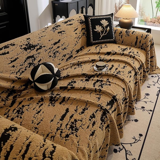 ROOMLIFE Striped Boho Khaki Couch Cover for 2-3 Cushion Sofa, Fuzzy Plush Warm Sofa Slipcovers Sectional Sofas Covers, Non Slip Washable Furniture Protector Soft with Tassel,Winter 71''X150”