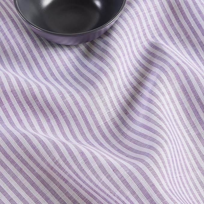 Solino Home Linen Striped Tablecloth 60 x 120 Inch - 100% Pure Linen Lavender and White Table Cloth for Rectangle Tables - Narrow Stripe, Machine Washable Tablecloth for Fall, Thanksgiving, Christmas