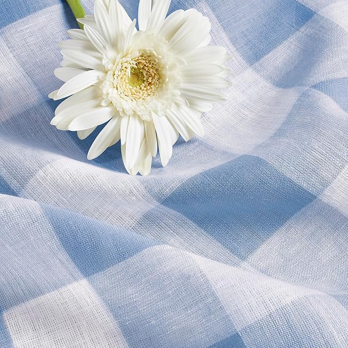 Solino Home Linen Checkered Tablecloth 60 x 120 Inch - 100% Pure Linen Chambray Blue and White Buffalo Plaid Table Cloth for Rectangle Tables - Machine Washable Tablecloth for Holiday