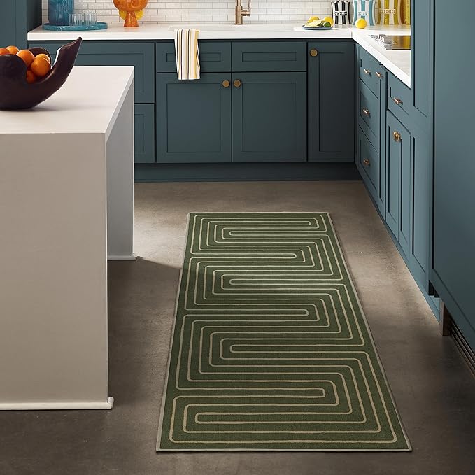 RUGGABLE x Jonathan Adler Machine Washable Modern Area Rug – Labyrinth Fern Green 4x6, Stain-Resistant, Non-Slip – Medium Rugs for Living Room, Bedroom, Hallway, Entryway & Office–with Cushioned Pad