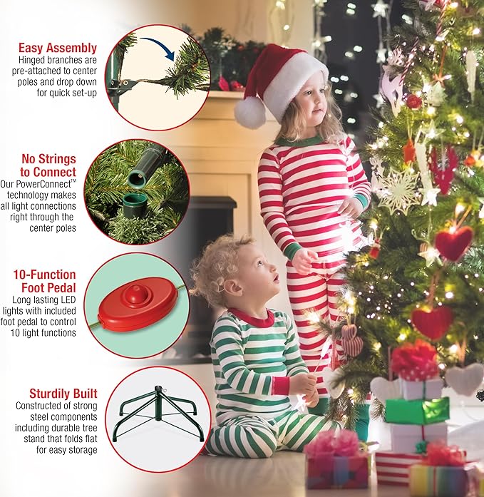 National Tree Company 9 ft Pre-Lit Dunhill Fir Artificial Christmas Tree, 900 LED Lights, 4,029 Tips, PowerConnect, Foot Pedal, 10 Light Functions, Includes Stand, Green