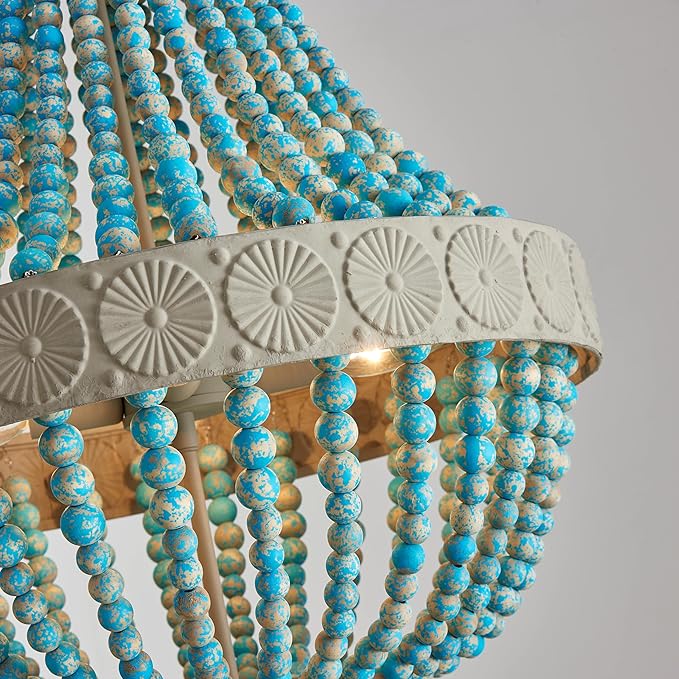 Saint Mossi Farmhouse Chandeliers, Vintage Design Wood Bead Pendant Light Fixture, D18 x H26, Adjustable 60" Chains, 4 x E12 Sockets, Rustic Blue Finish Bead & Dirt Grey Finish Metal Frame