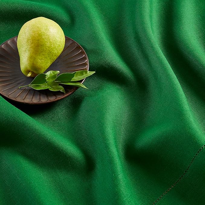 Solino Home Garden Green Linen Tablecloth 60 x 120 Inch - 100% Pure Linen Hemstitch Table Cloth for Rectangle Tables - Classic Hemstitch, Machine Washable Tablecloth for Christmas, Winter