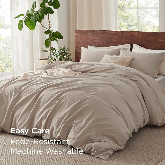 Bedsure 100% Washed Cotton Duvet Cover Full Size - Frosted Almond Minimalist Cotton Duvet Cover Linen Like for All Seasons - GentleSoft™ Plain Simple Bedding (Frosted Almond, Full, 80"x90")