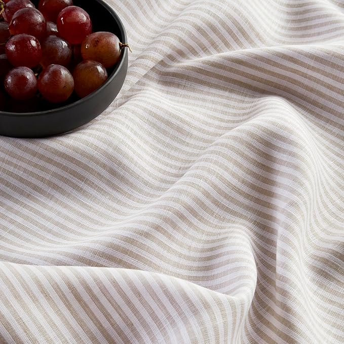 Solino Home Linen Tablecloth 52 x 52 Inch - Narrow Stripe, 100% Pure Linen Natural and White Square Tablecloth - Machine Washable Table Throw for Fall, Autumn, Thanksgiving, Christmas, Holiday, Winter