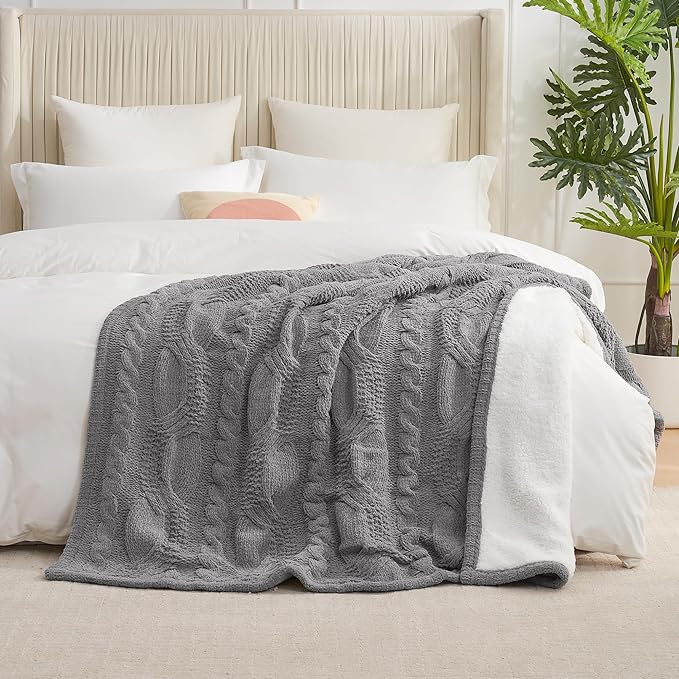 Amélie Home Cable Knit Throw Blanket for Couch Twin, Chenille Sherpa Soft Cozy Throw Blankets for Sofa Chair Comfortable Home, 60"x80", Gray