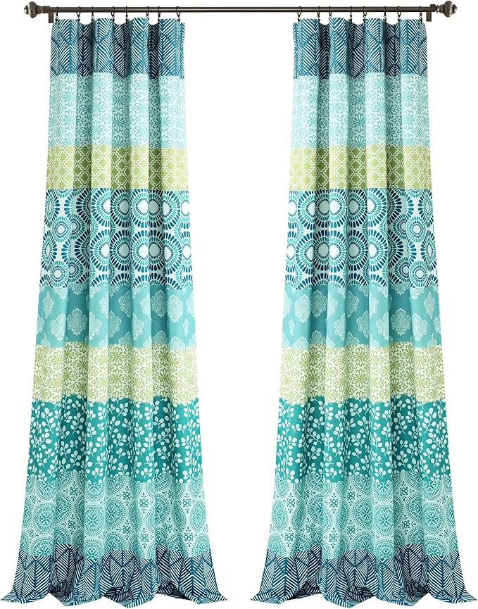 Lush Decor Bohemian Stripe Window Curtain Panels, Pair 52" W x 84" L Blue & Green - Light Filtering Curtains for Bedroom - Boho Curtains - Maximalist Decor