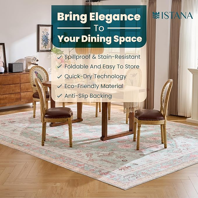 Istana Living Room Rug 10x14 - Light Green/Pink 10 x 14 Area Rug - Foldable Machine Washable Area Rugs 10x14 - Stylish 10x14 Area Rugs Boho - Stain Resistant Washable Rug 10x14