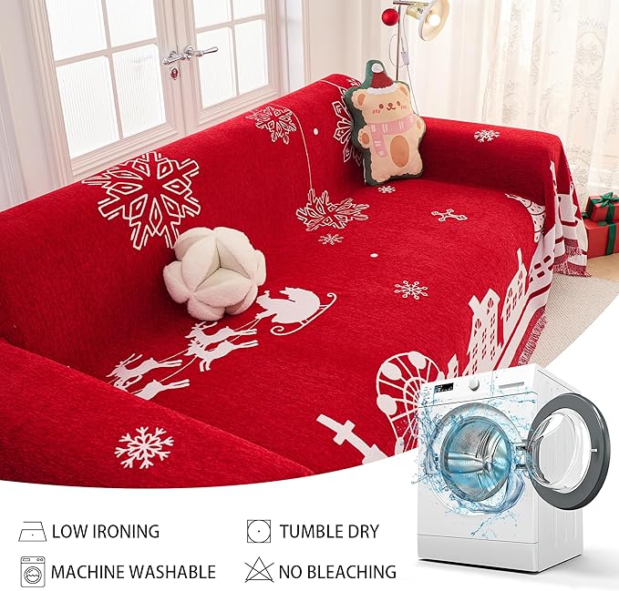 MEETSKY Christmas Couch Covers for 3 Cushion Couch Sofa, Washable Sofa Slipcover Chenille Red Couch Protector Covers for Sectional Sofa Fit for 3 Seat, Thick Soft Sofa Covers for Dogs, 71" x 134"