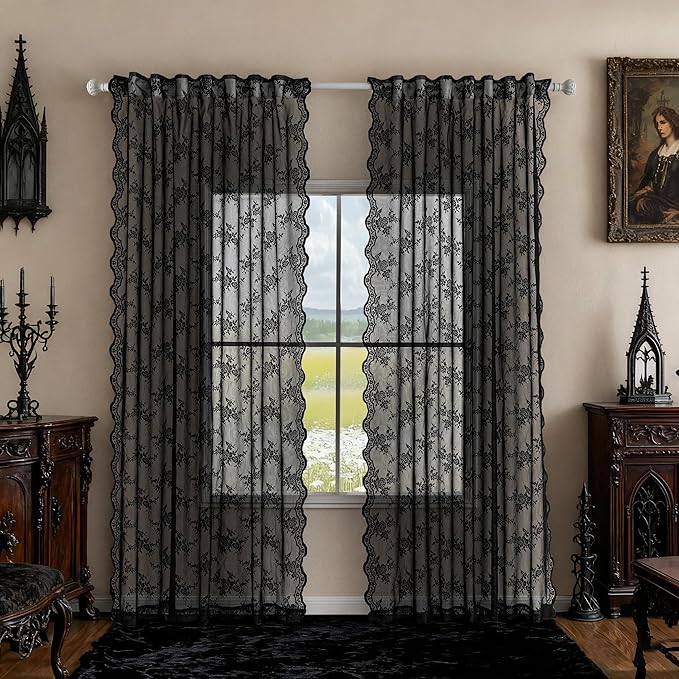 MEETSKY Black Lace Sheer Gothic Halloween Curtains 84 Inches Long 2 Panels Set Vintage Victorian Elegant Light Filtering Back Tab Rod Pocket Drapes for Home Decor, 50" Wide Each Panel
