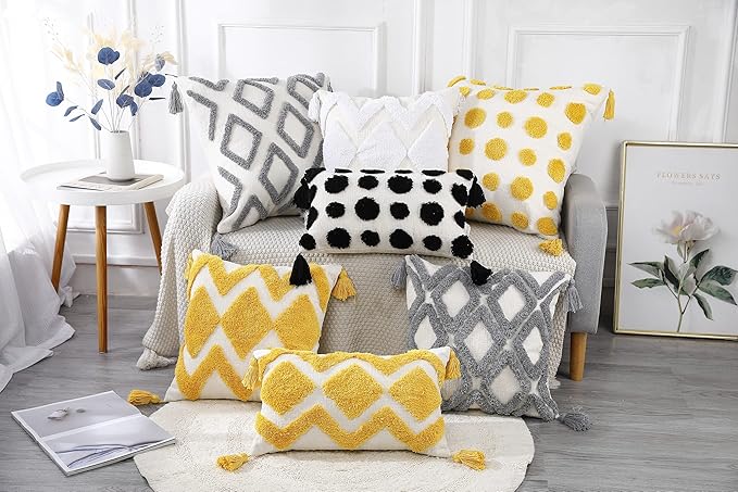 PANOD Super Soft Farmhouse Decorative Plush Throw Pillow Covers 24 x 24 White,Solid Pom pom Tufted with Tassels Modern Accent Boho Square Cushion Cover Pillow Case for Couch Sofa