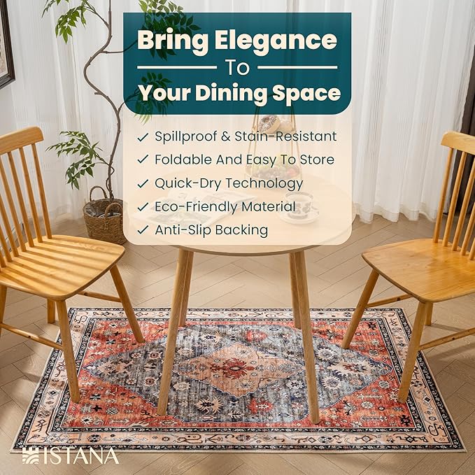 Istana Rugs 3x5 - Red & Teal 3x5 Washable Rug - Kid & Pet Friendly Dining Room Rug for Under Table - Non Shedding Foldable Non Slip Area Rug - Eco-Friendly Materials for Red Teal Rugs