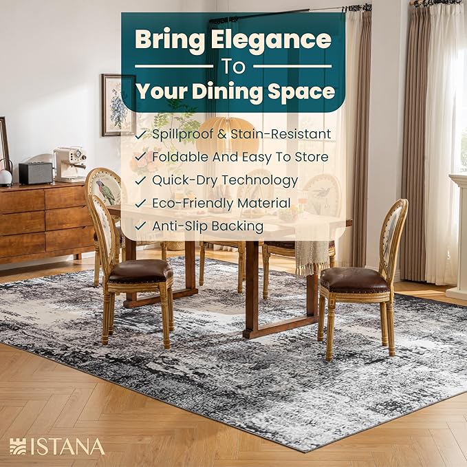 Istana Living Room Rug 10x14 - Grey Black 10 x 14 Area Rug - Foldable Machine Washable Area Rugs 10x14 - Stylish 10x14 Area Rugs Boho - Stain Resistant Washable Rug 10x14